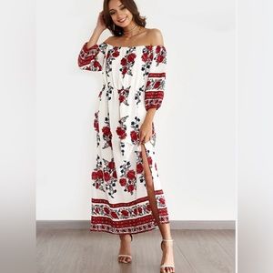Off or on shoulder boho dress with double leg slits